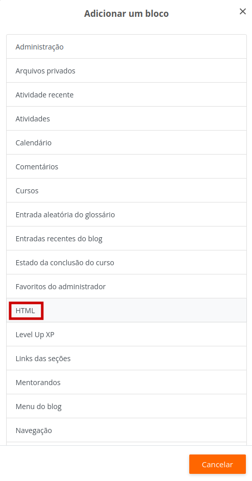 Imagem com as opções de bloco para adição e em destaque o texto HTML